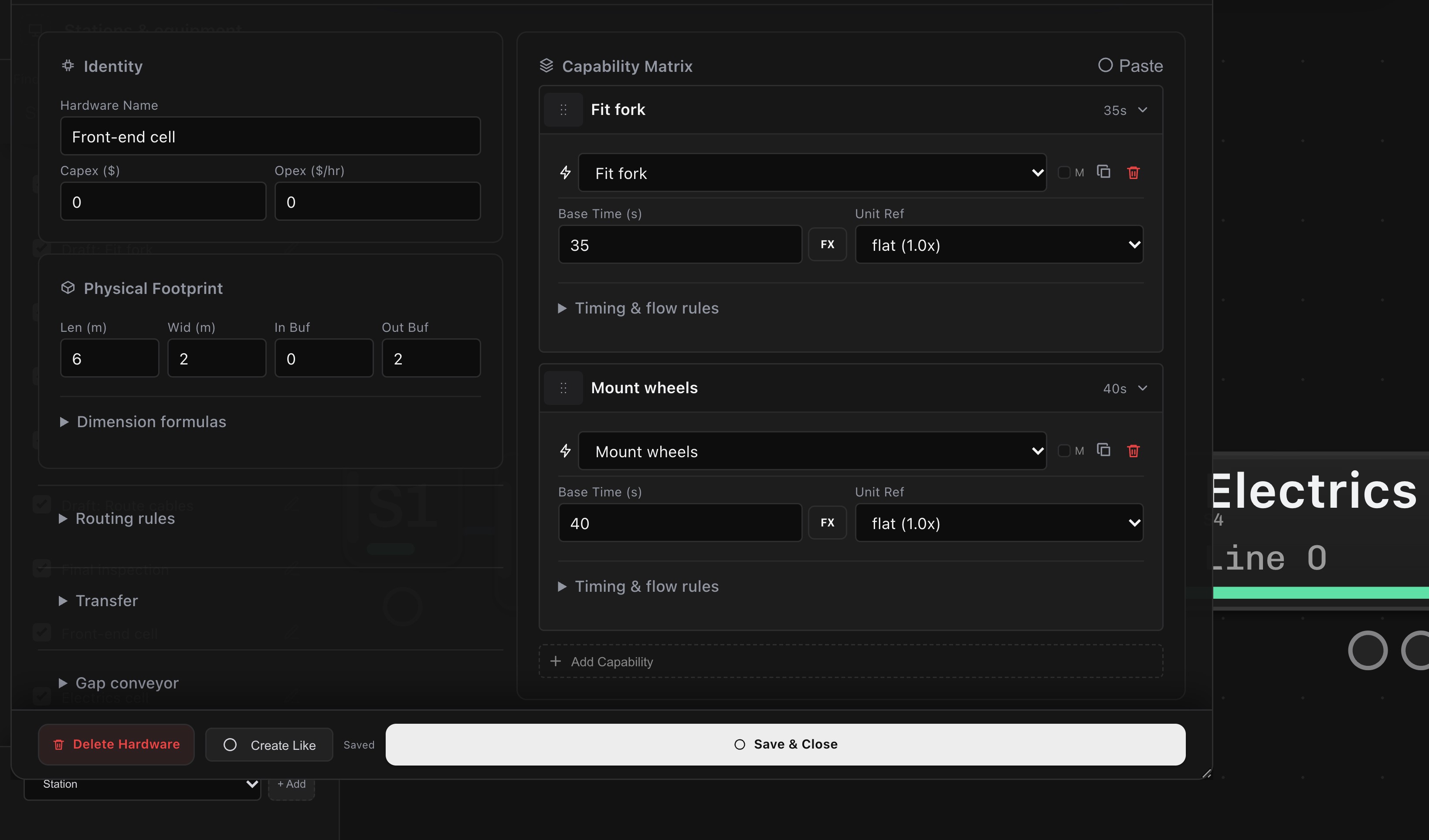 Station editor for the front-end cell: Fit fork at 35 s and Mount wheels at 40 s.
